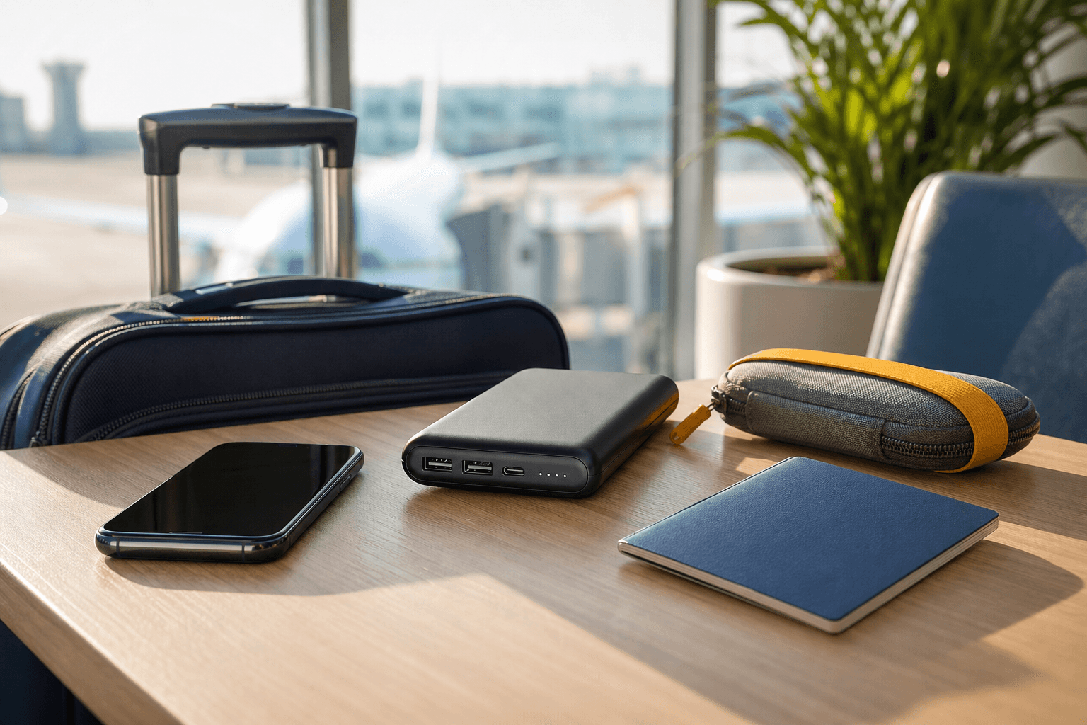 Compact power bank prepared beside carry-on luggage at an airport