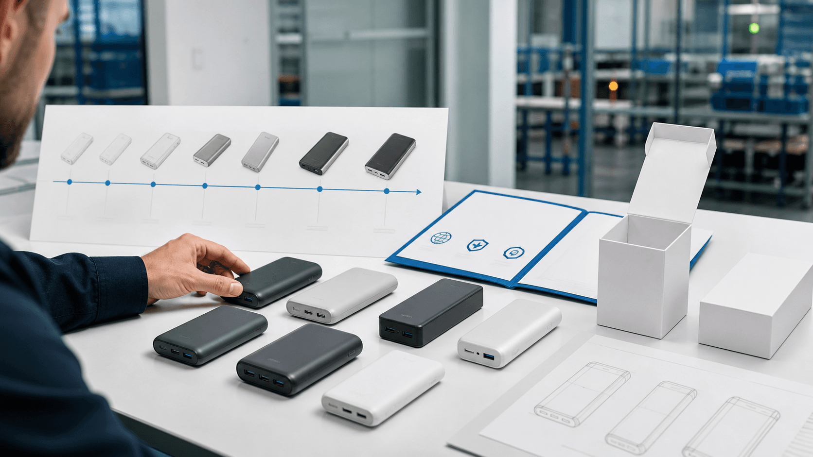 Buyer evaluating power bank samples, product lifecycle, compliance files and packaging options