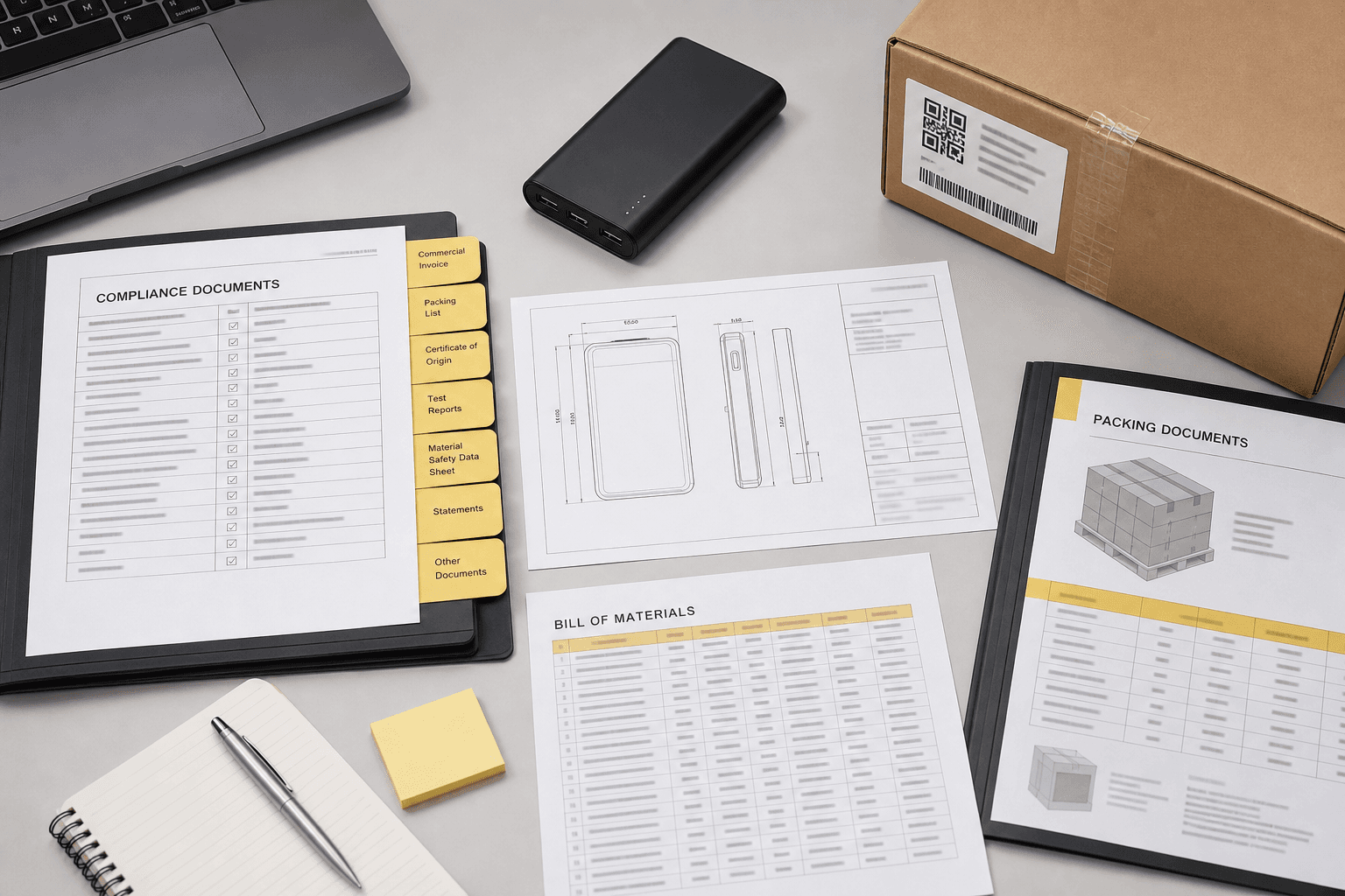 Organized power bank technical and shipment documentation for an importer