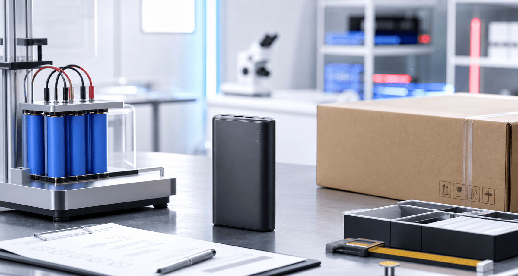 Power bank in a quality lab prepared for EU and US compliance review