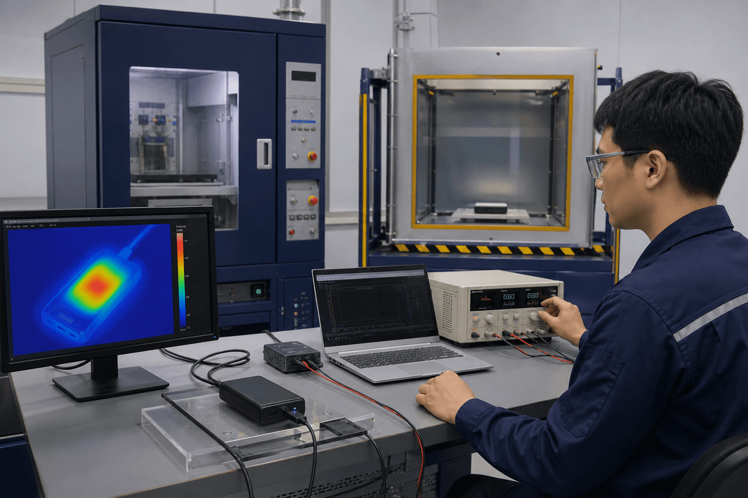 Technician performing electrical and thermal tests on a power bank