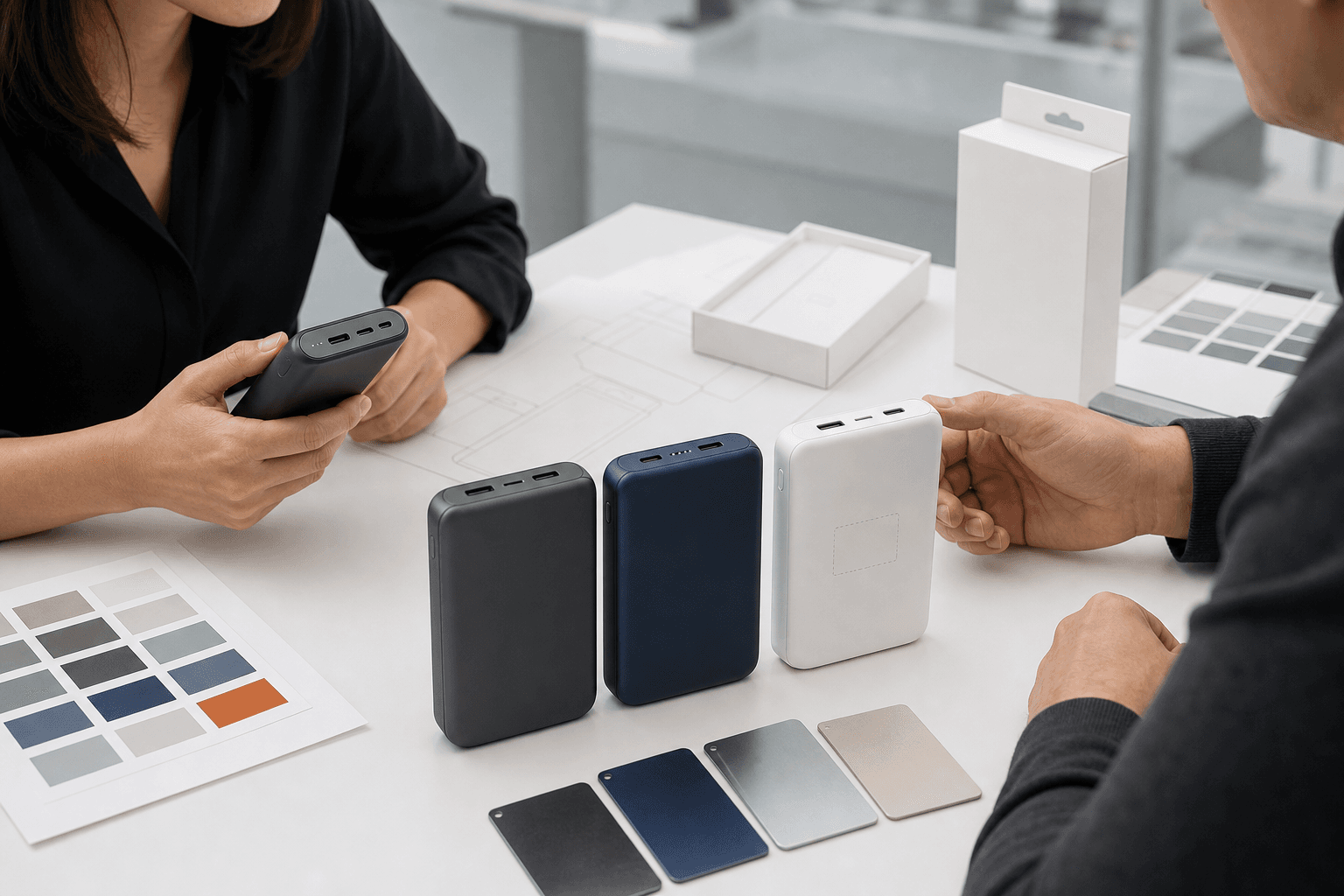 Buyer and engineer reviewing power bank colors, finishes and private-label packaging