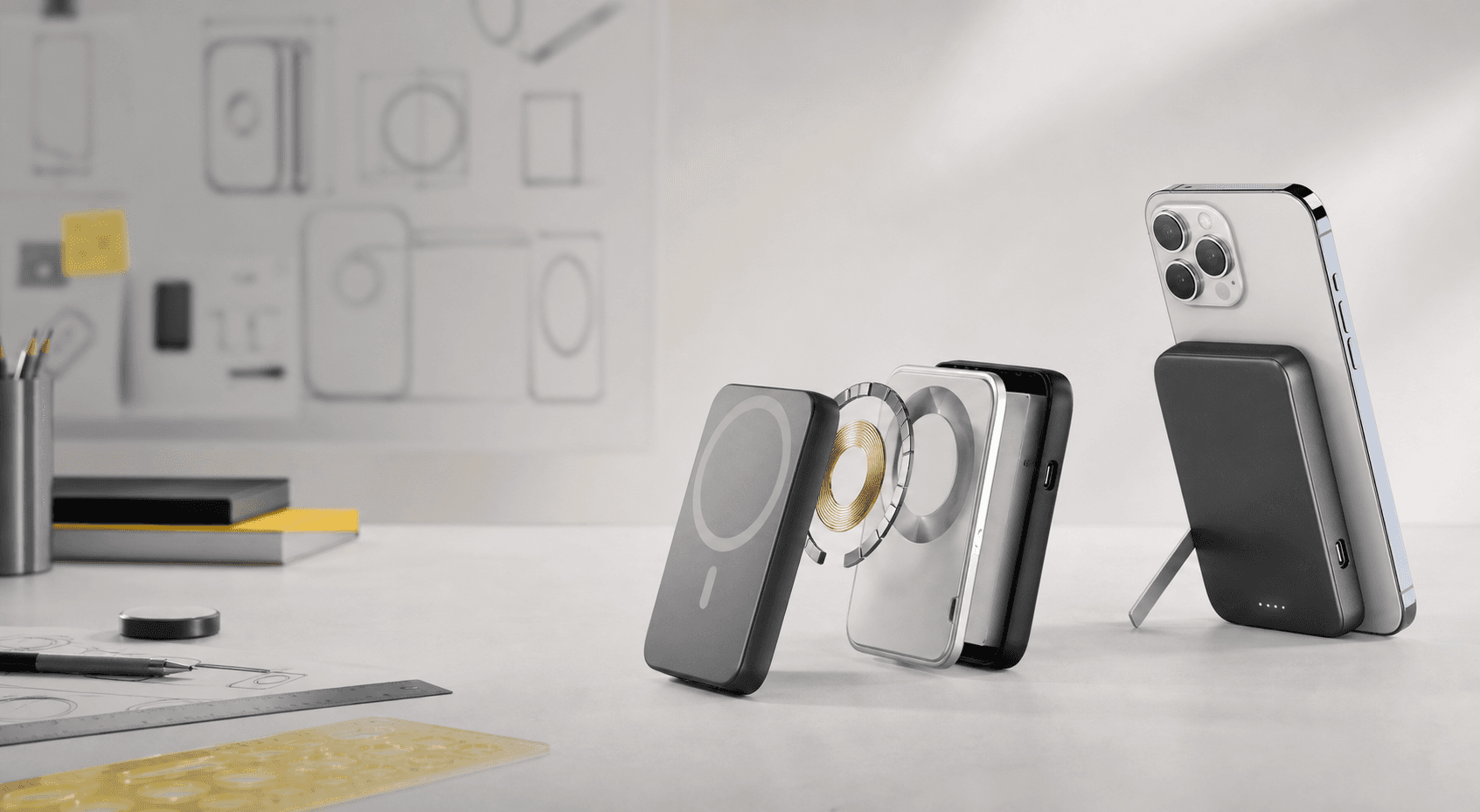 Qi2 and magnetic power bank concepts displayed in an industrial design studio