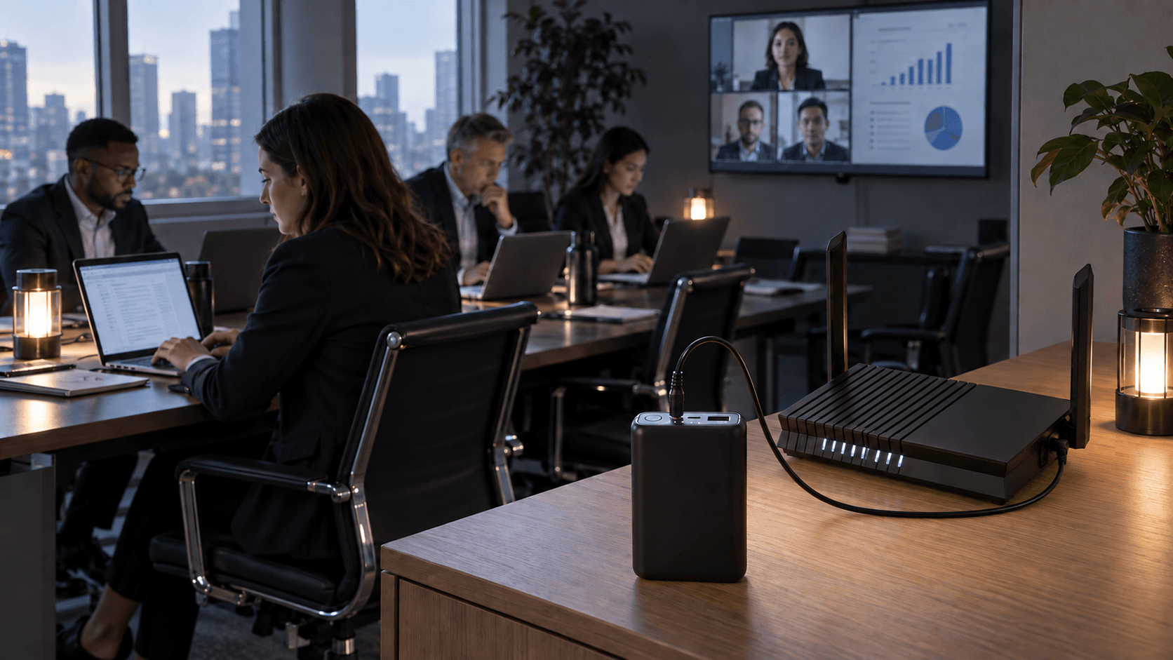 Dedicated DC power bank providing emergency router power during an important business meeting
