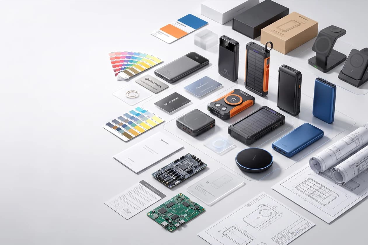 Custom portable charging product options with power banks, wireless chargers, color samples, packaging, PCB assemblies and engineering drawings
