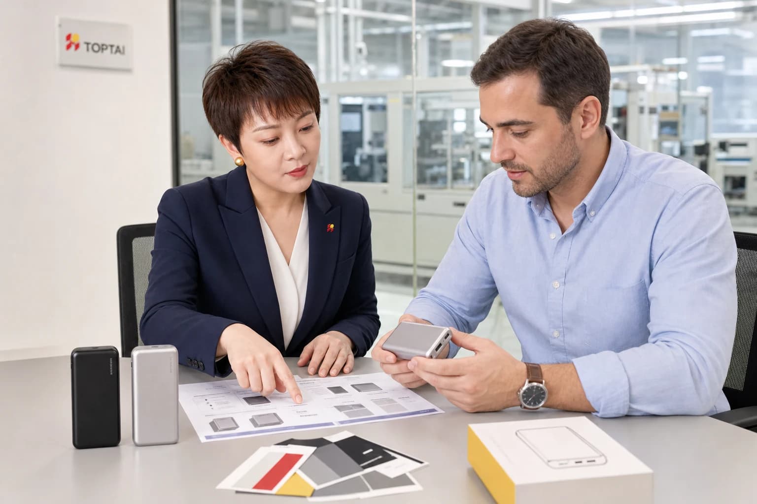 GW reviews an approved custom power bank sample, specifications, colors and packaging with an international B2B customer before mass production