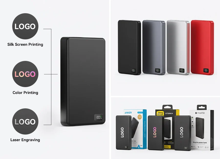 Private label power bank customization with logo printing, product colors and retail packaging