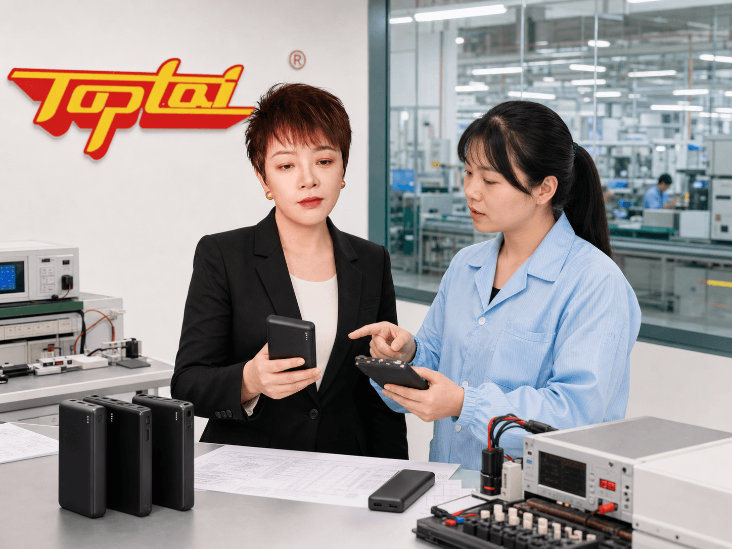 Grace Wong reviewing TOPTAI power bank quality with an engineer