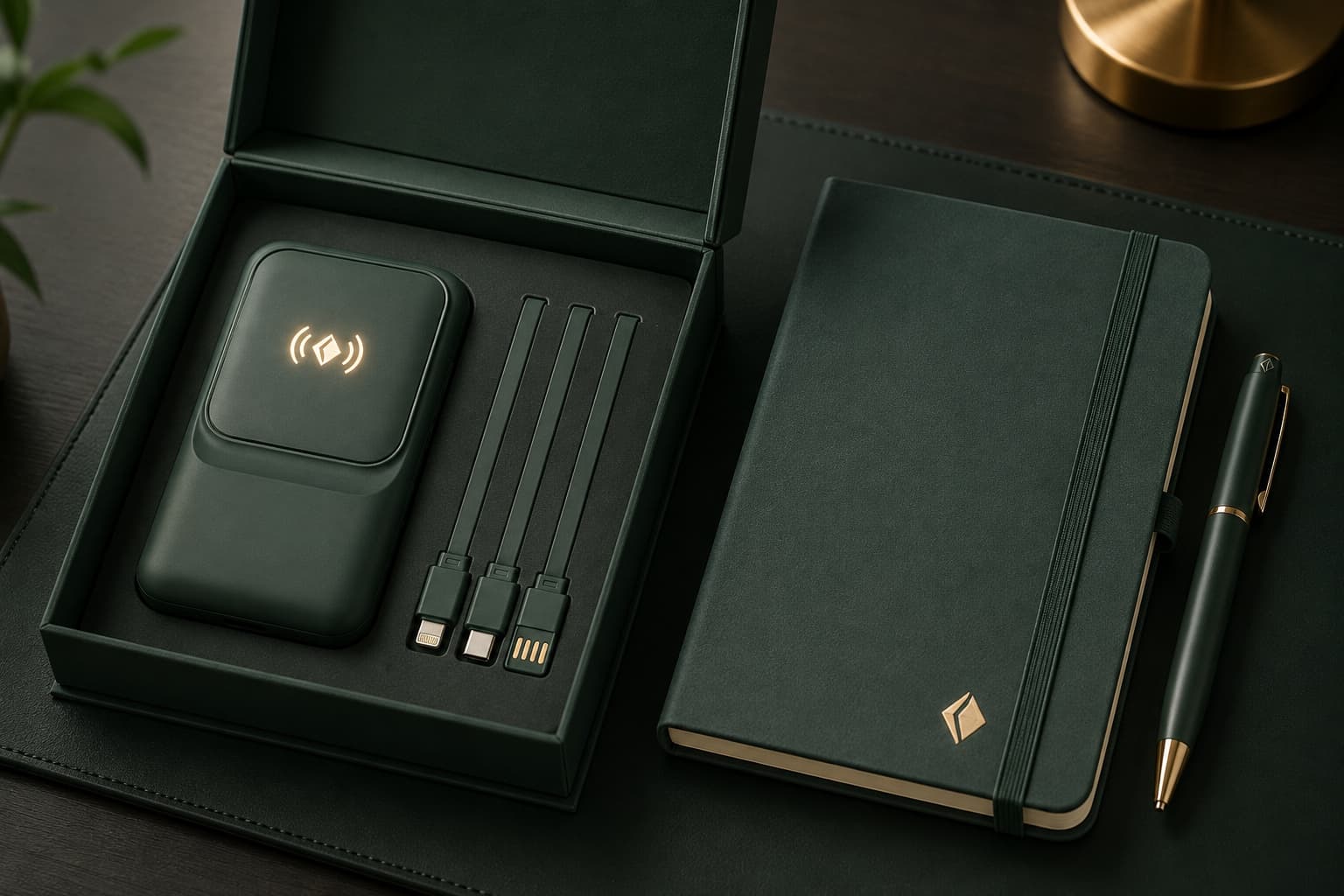 Built-in-cable power bank with glowing logo, notebook and pen in a matching executive gift set