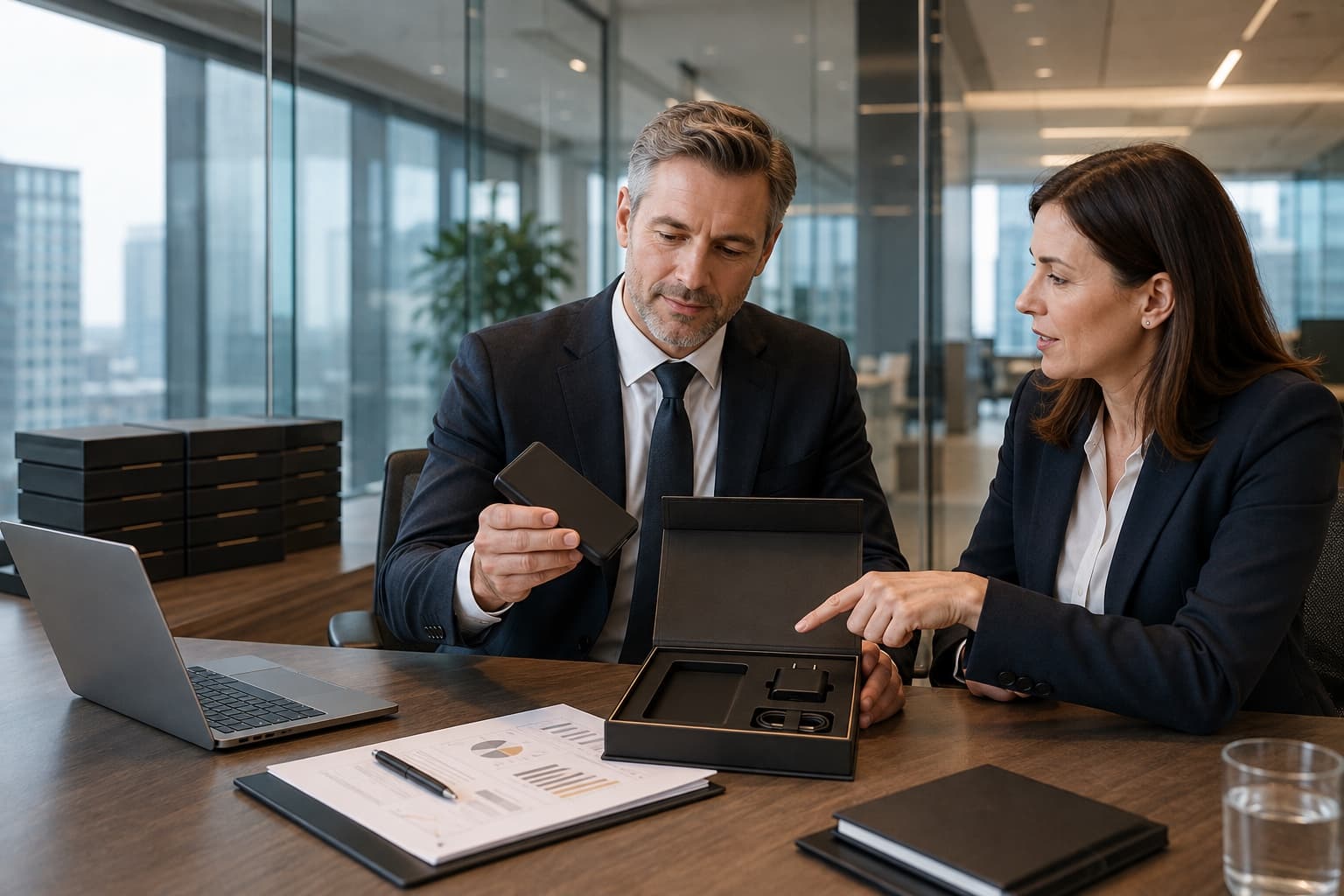 Corporate procurement managers reviewing a custom power bank gift-box sample in a boardroom