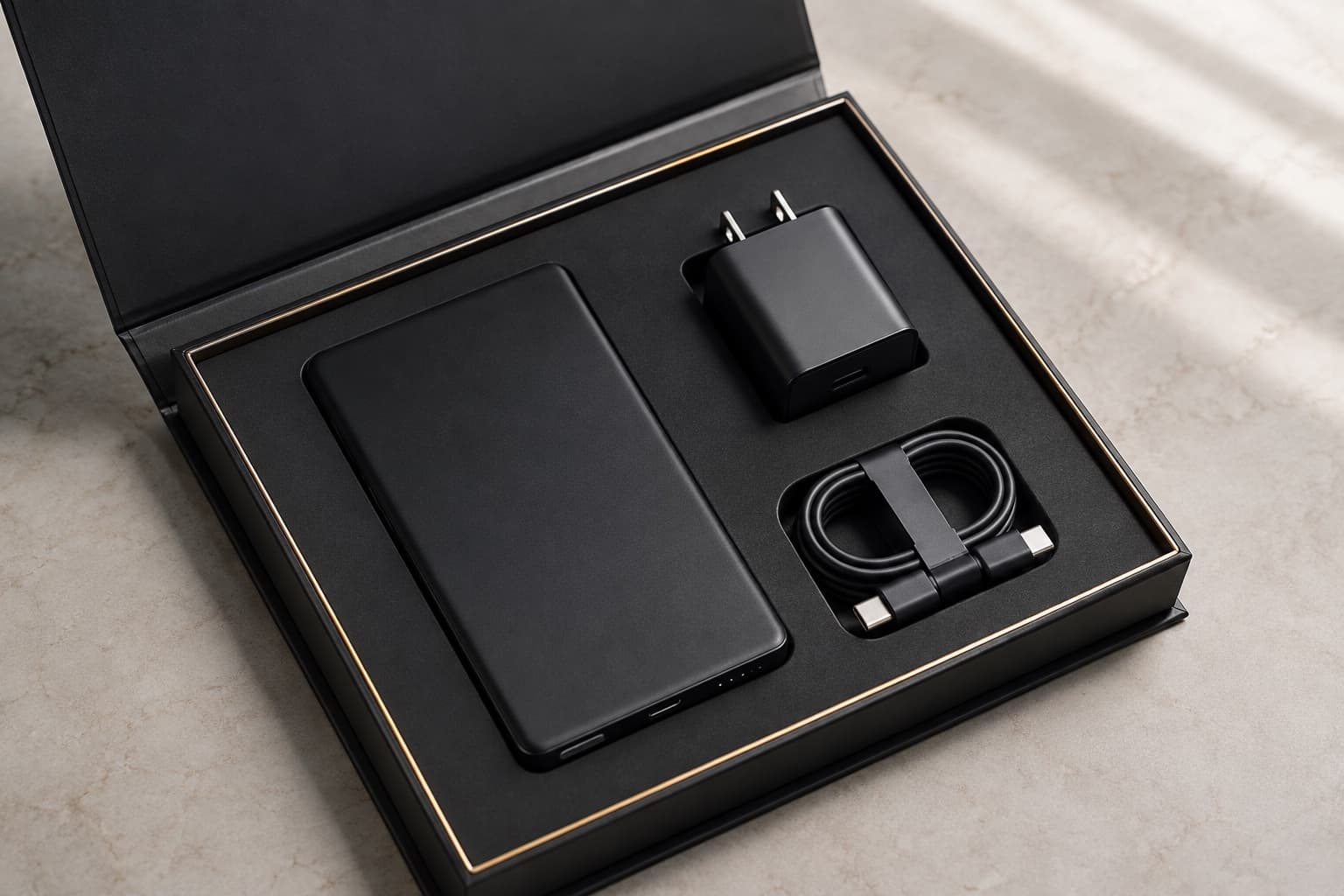 Ultra-thin magnetic power bank with wall charger and cable in a corporate gift box