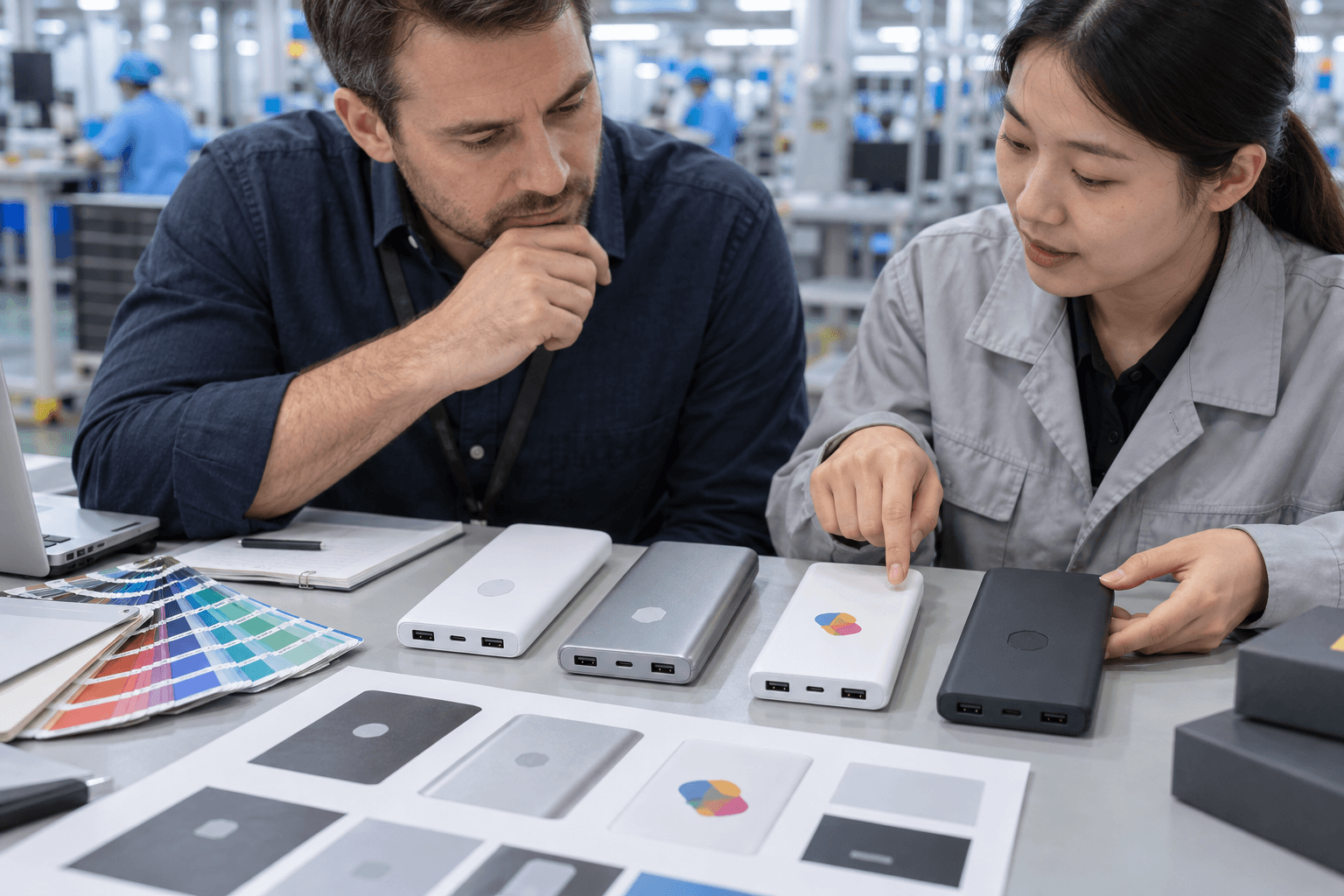 B2B buyer and power bank factory engineer comparing custom logo finishes on product samples