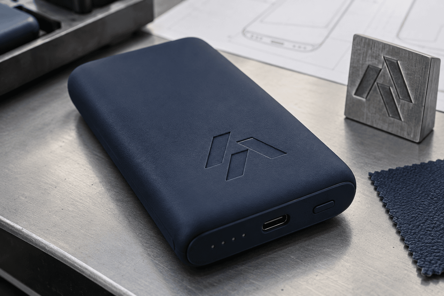 Debossed logo pressed into a dark soft-touch power bank housing