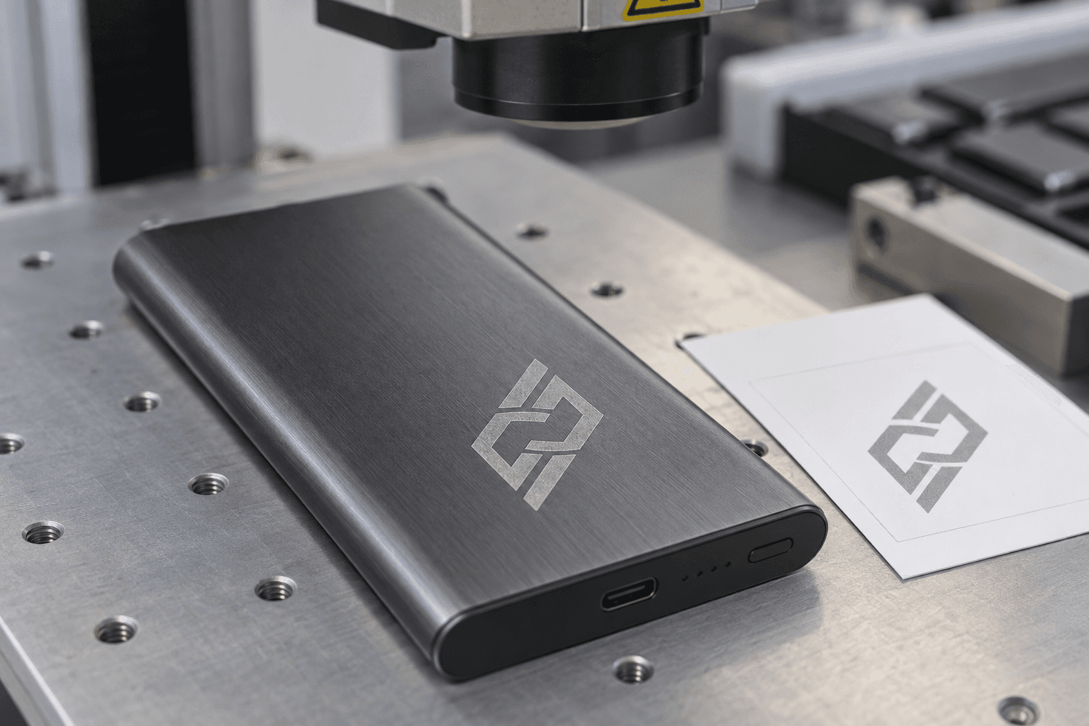 Laser-engraved logo on a brushed anodized aluminum power bank