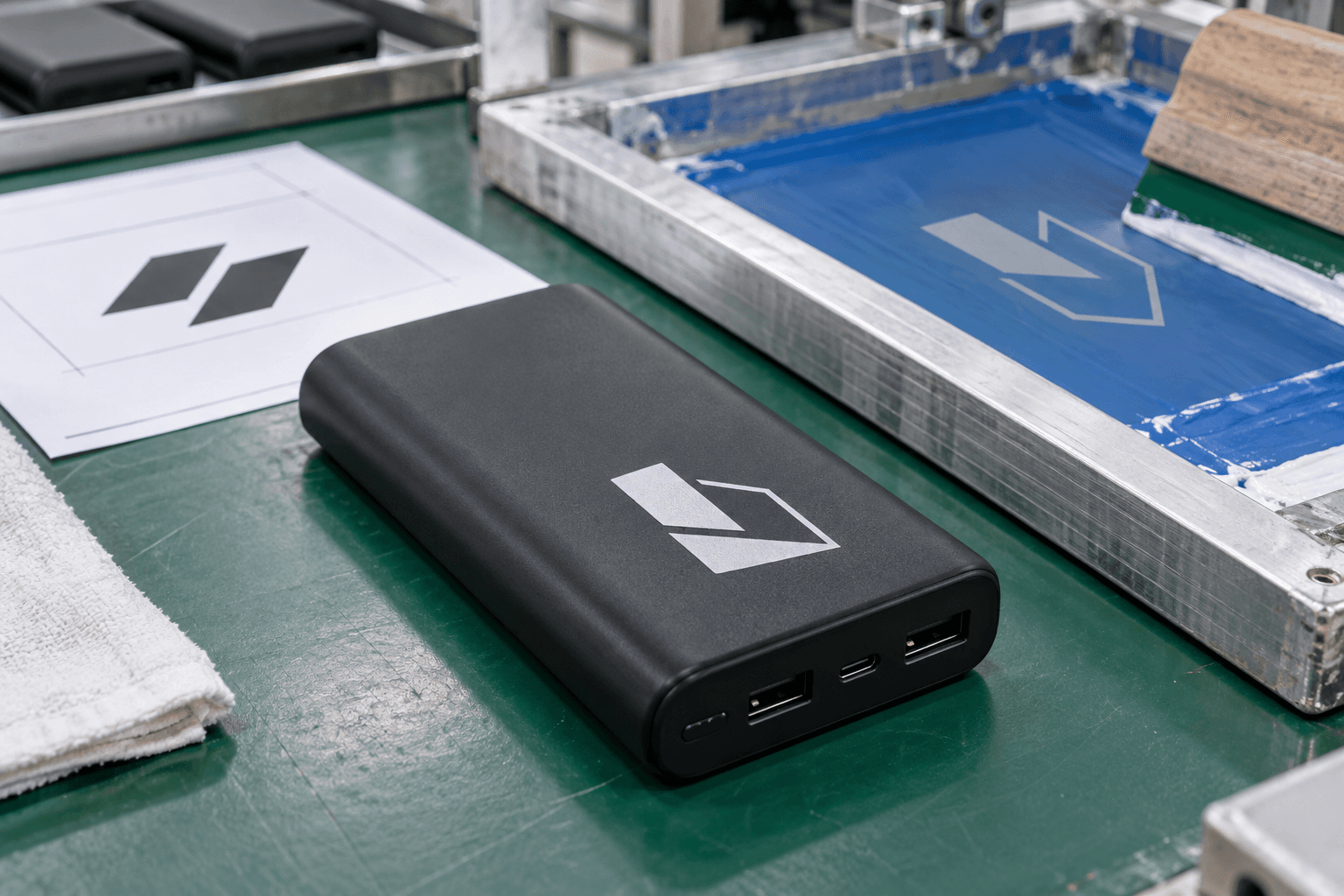 Screen-printed white logo on a matte black custom power bank