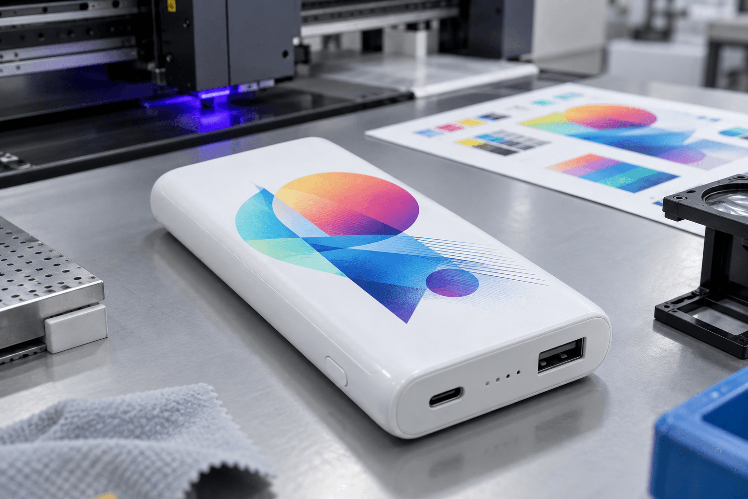 Full-color UV printed graphic on a white custom power bank