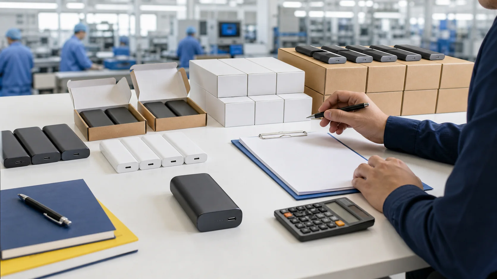 Buyer comparing sample, pilot and larger power bank order quantities