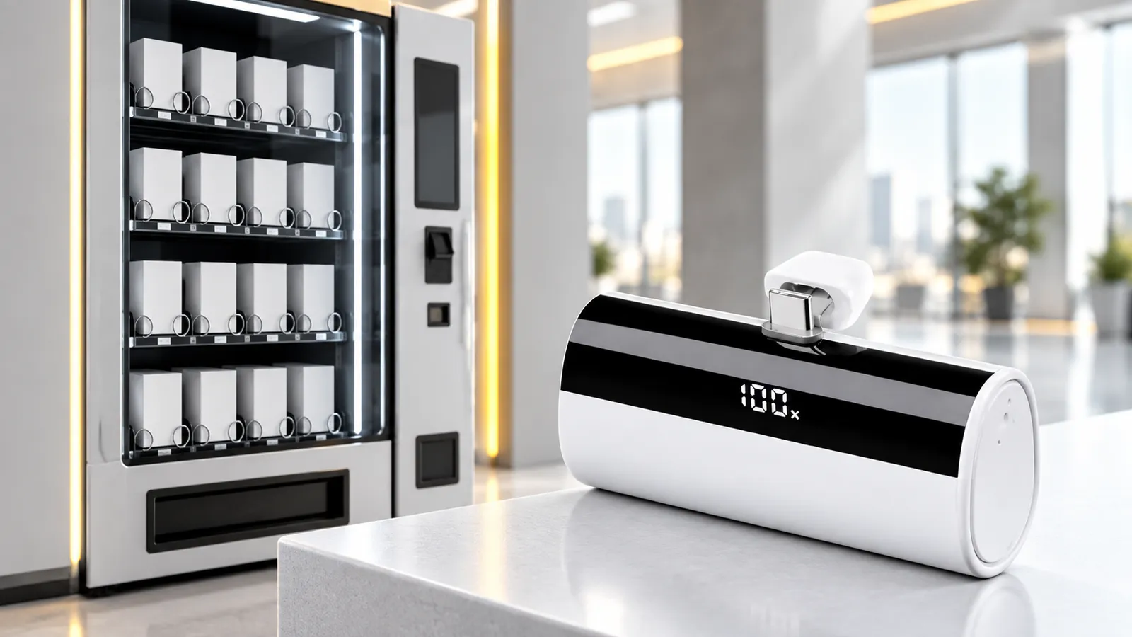 Illustration of a compact power bank beside a vending machine stocked with retail boxes