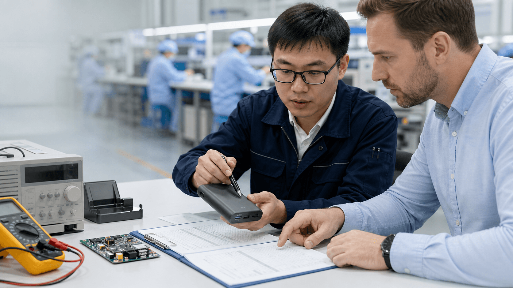 Buyer and quality engineer evaluating an OEM power bank manufacturer