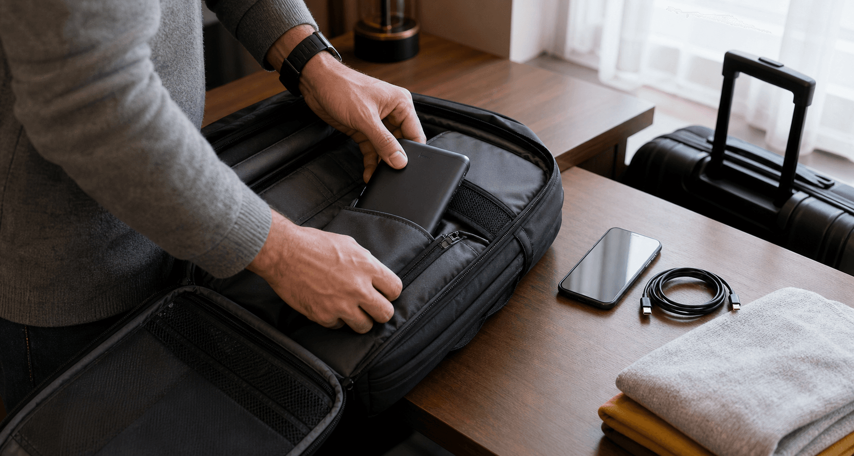 Traveler placing a protected power bank in an accessible carry-on pocket