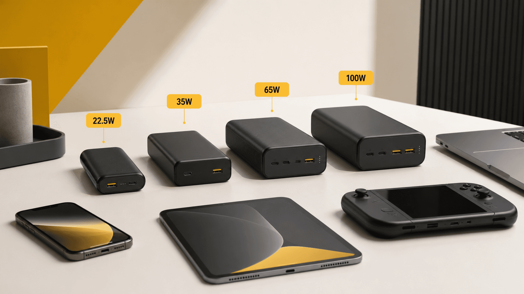Generic power banks arranged by 22.5W, 35W, 65W and 100W market tiers