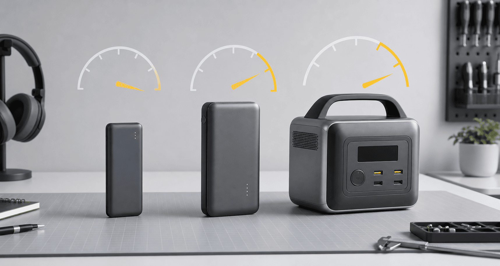Three portable battery sizes arranged to illustrate increasing watt-hour capacity
