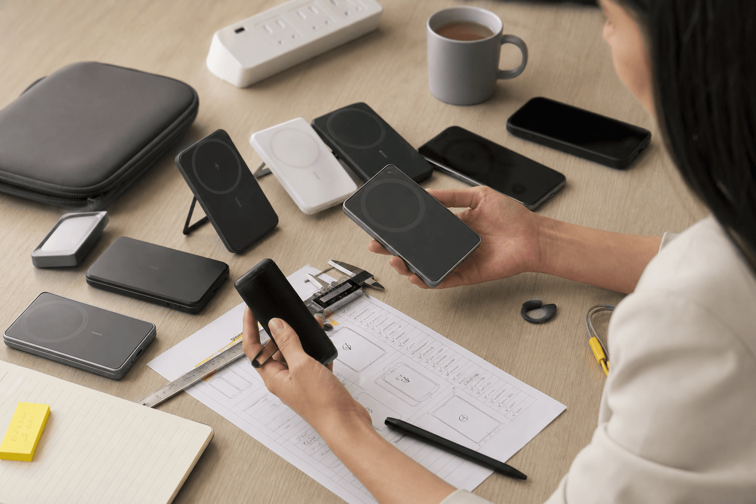 Product manager comparing magnetic power bank samples for an OEM project