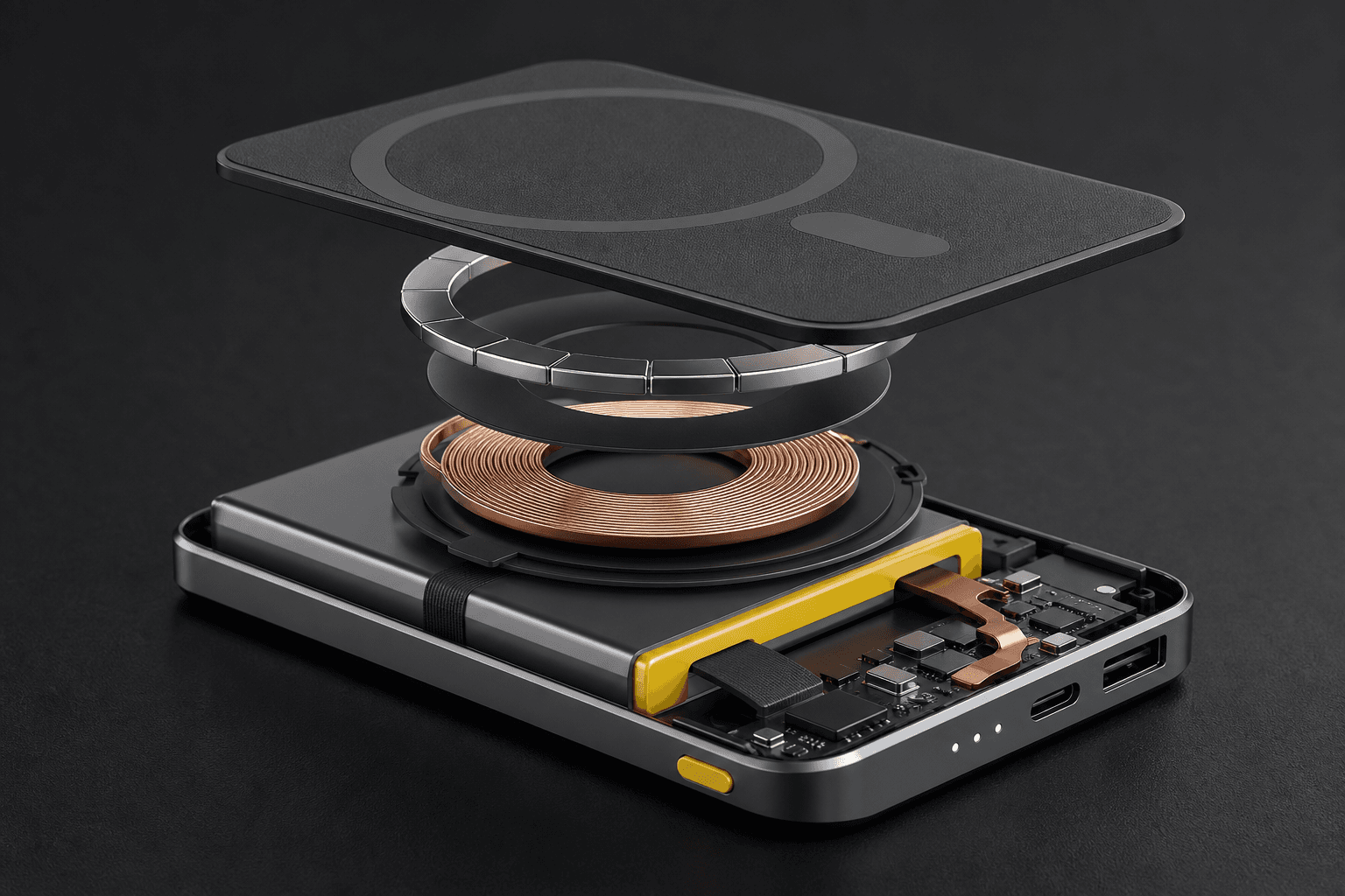 Exploded technical view of magnetic ring, charging coil and battery inside a power bank