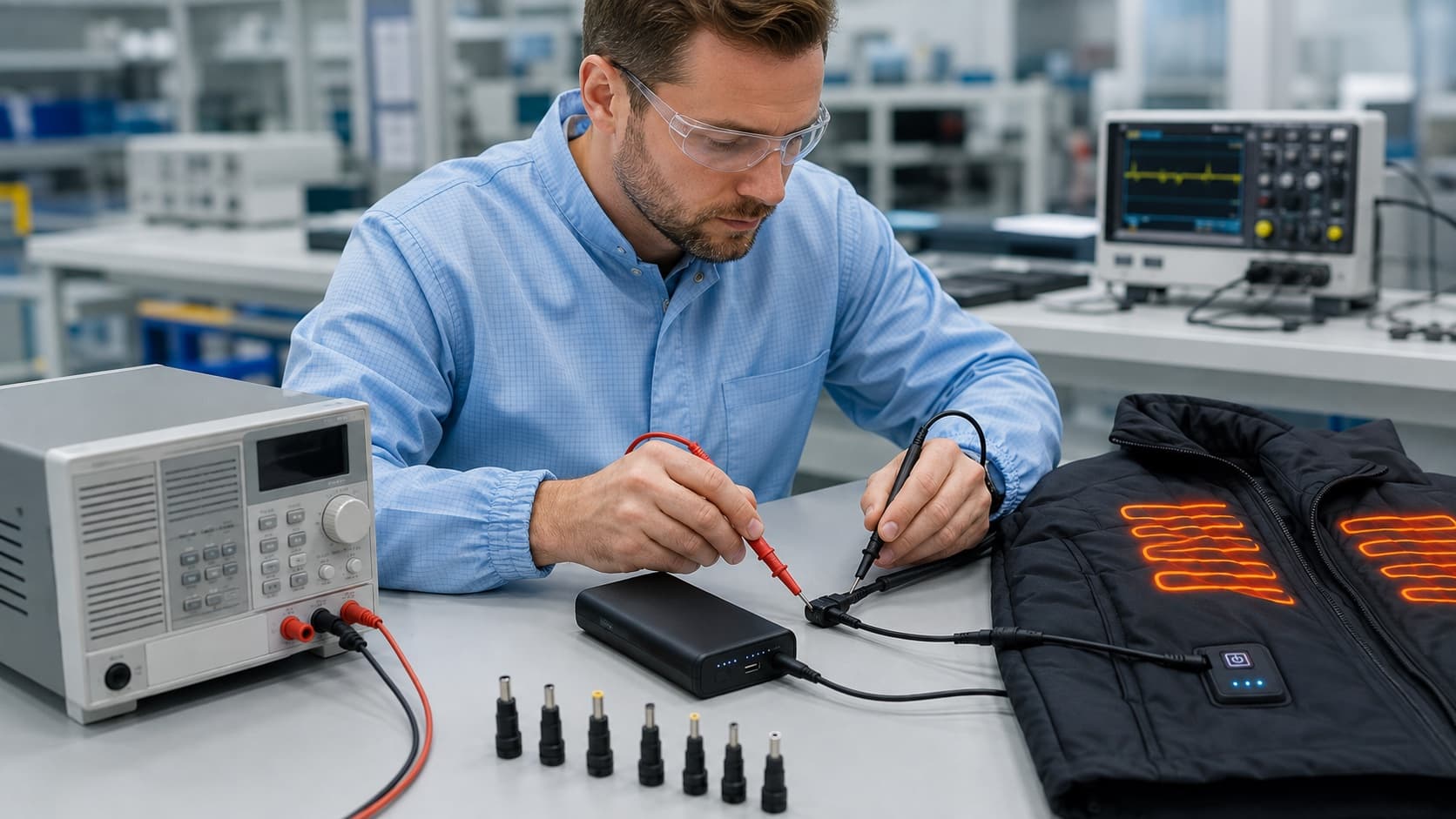 Engineer in anti-static clothing testing a dedicated power bank with a heated jacket