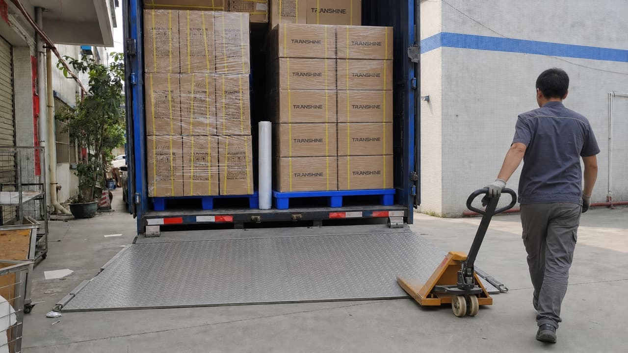 TOPTAI worker removing an empty pallet jack after a full export shipment is loaded