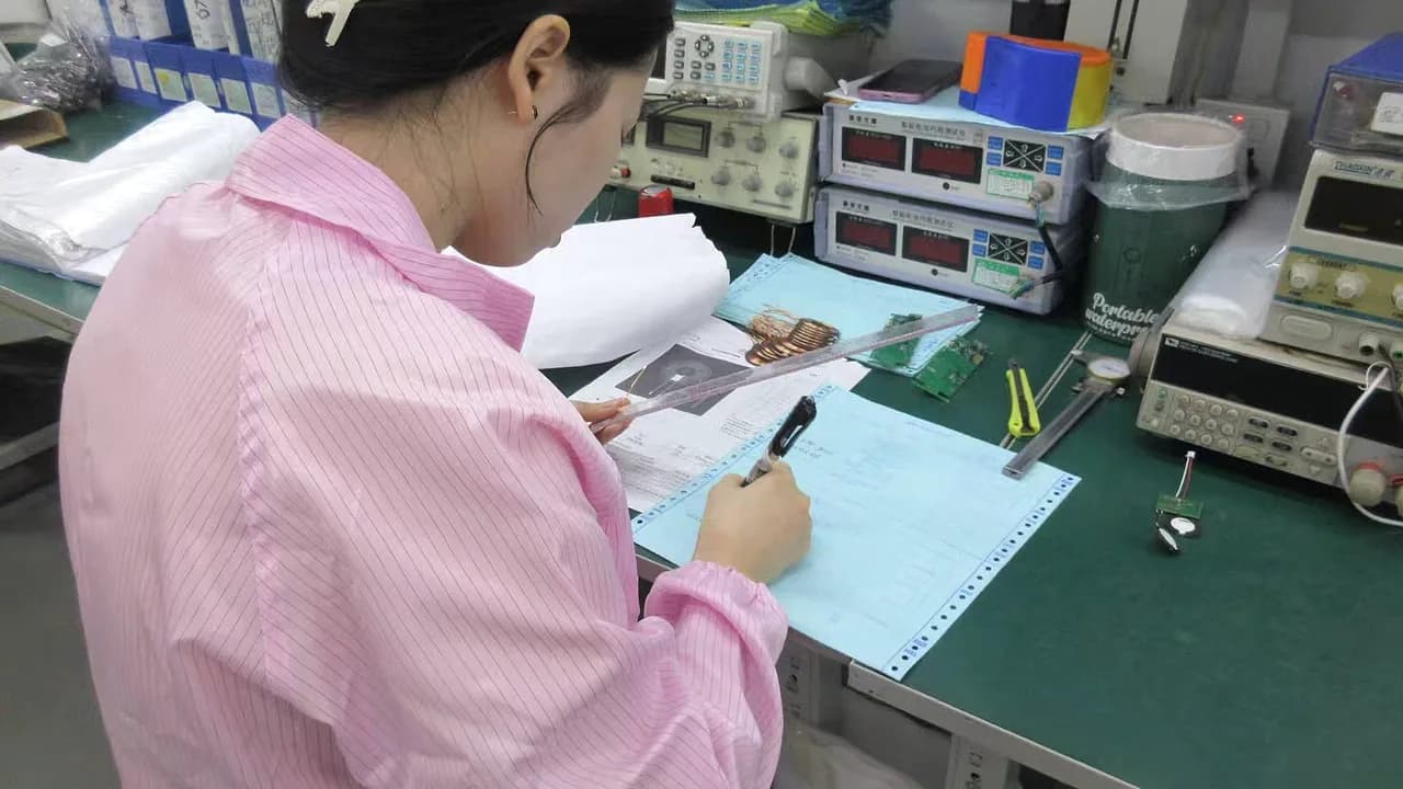 TOPTAI quality inspector checking incoming electronic components and recording inspection results