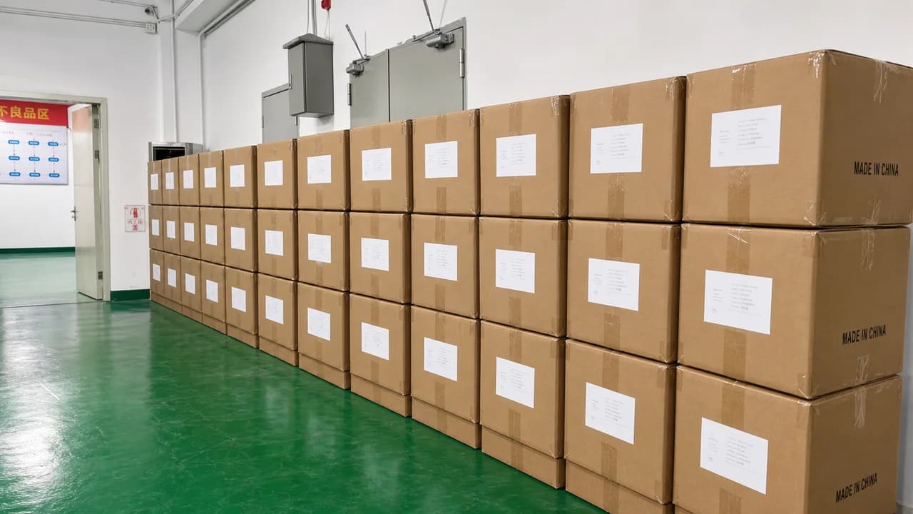 Three organized rows of TOPTAI export cartons with carton-mark labels after final packing inspection
