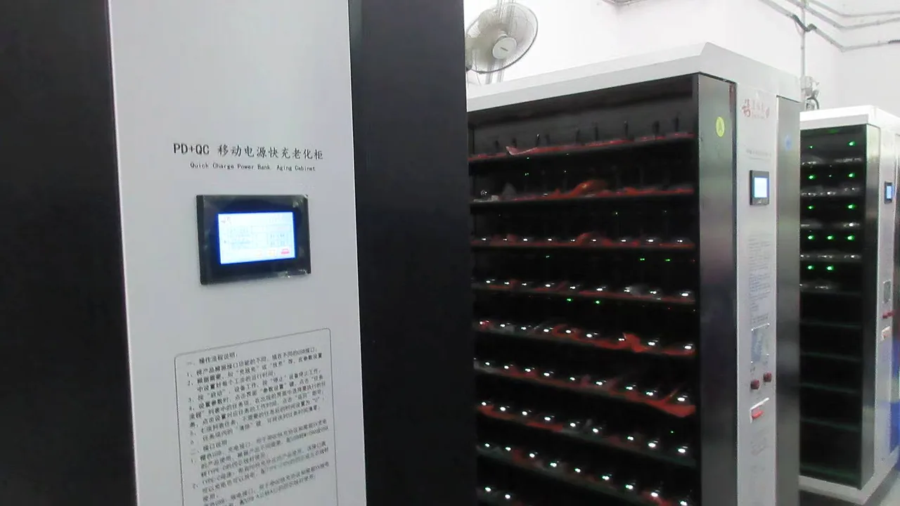 TOPTAI quick-charge power bank aging test cabinets operating during batch verification