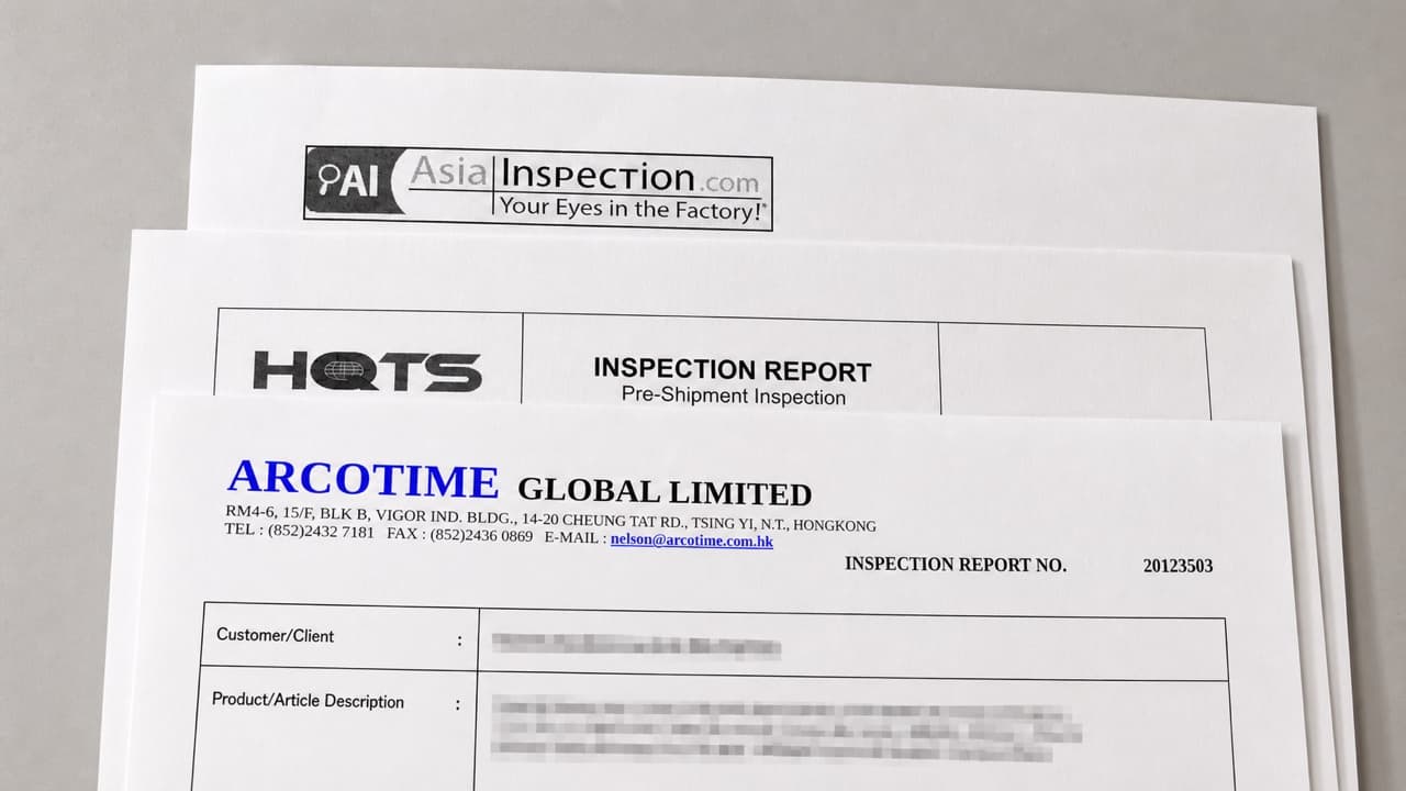 ARCOTIME, HQTS and AsiaInspection third-party inspection report headers for TOPTAI orders