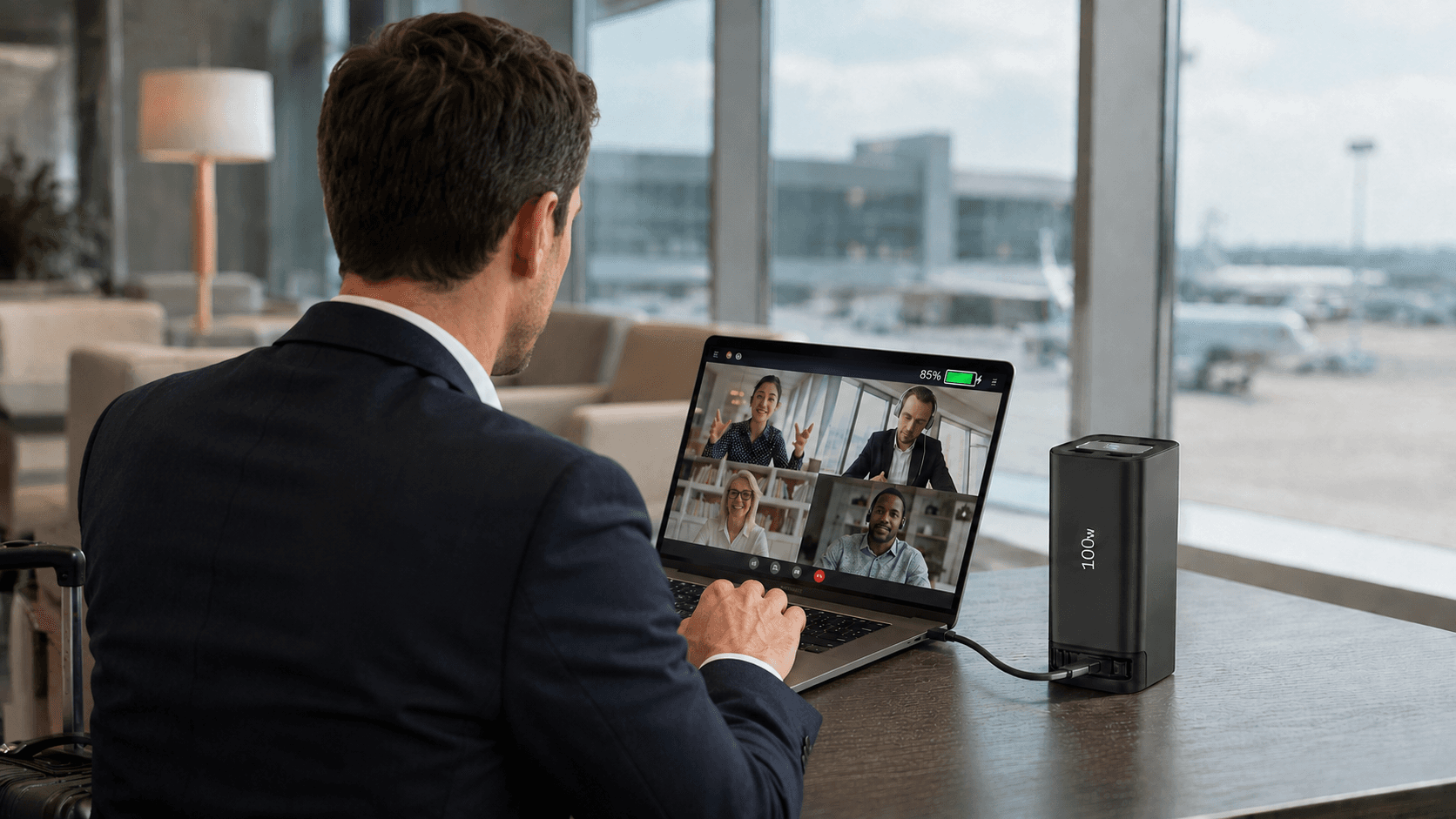 TOPTAI J19 100W fast power bank in a business travel setting