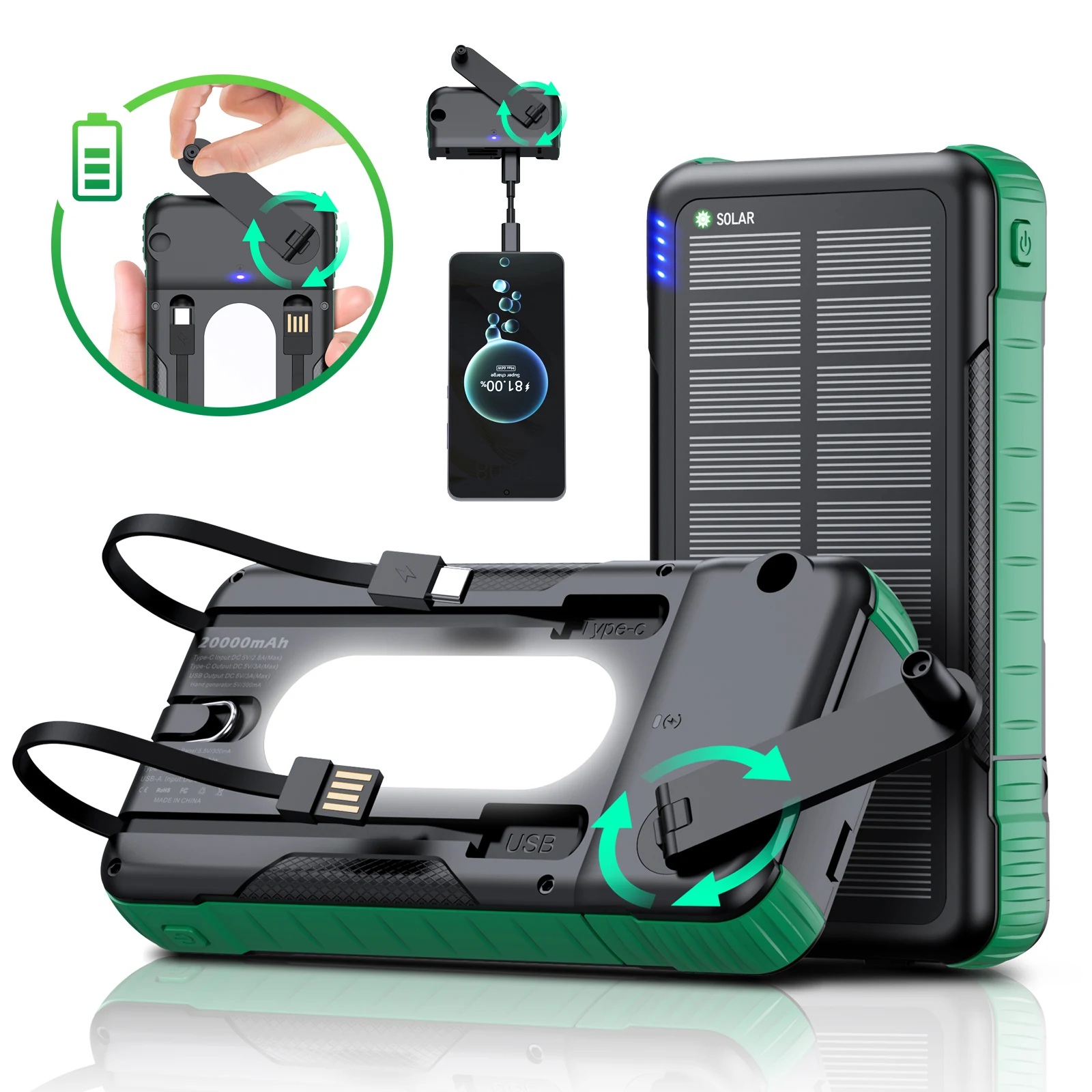 TOPTAI PF208 hand-crank solar power bank