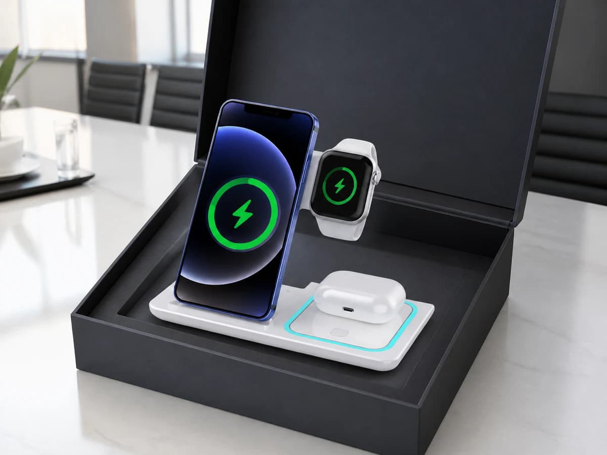 TOPTAI WL070 foldable 3-in-1 wireless charger in a corporate gift presentation