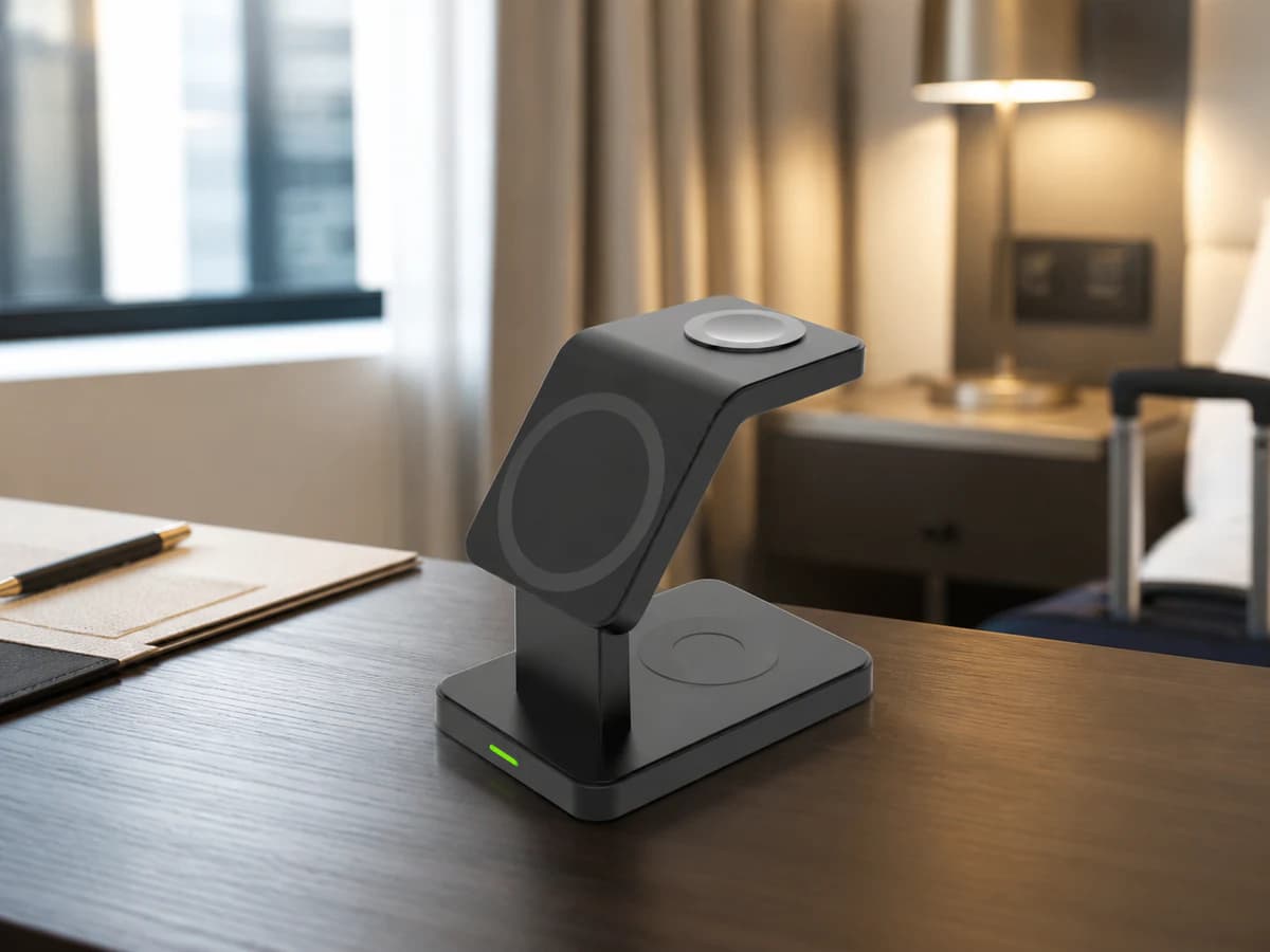 TOPTAI WL085 3-in-1 wireless charger in a hospitality desk setting