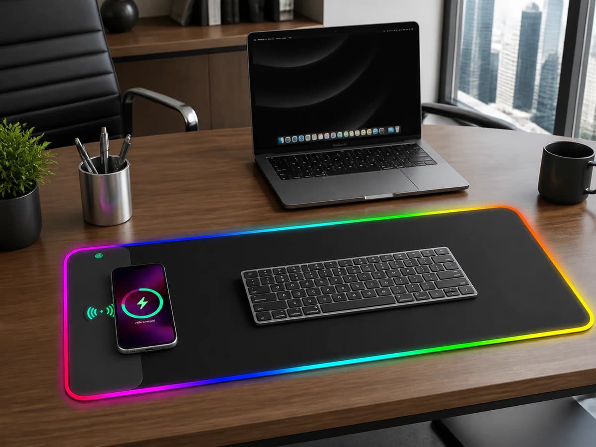 TOPTAI WL003 RGB wireless charging mouse pad on an executive office desk