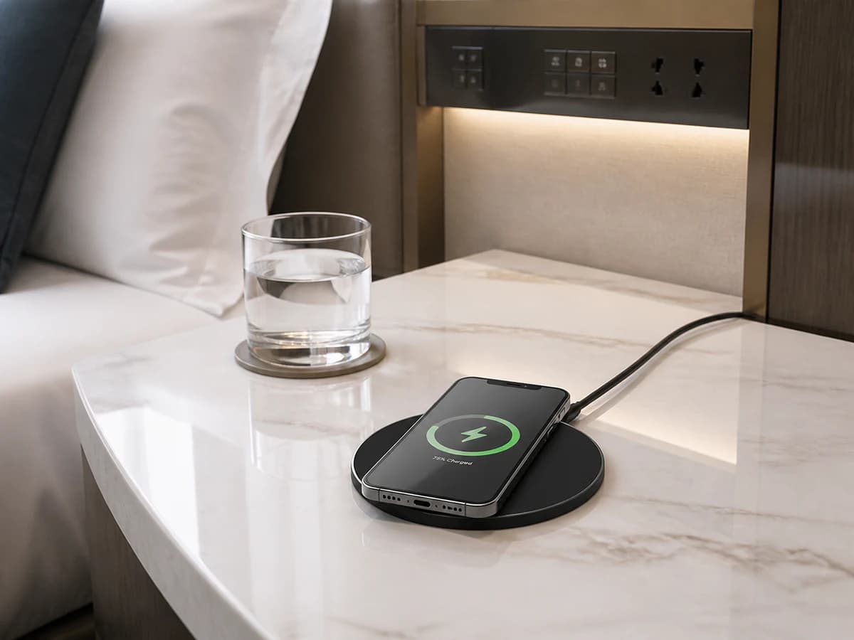 TOPTAI WL064 magnetic wireless charging pad in a hospitality setting